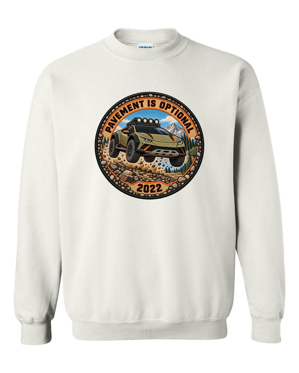 Embroidery-style round crest of a Lamborghini Huracan Sterrato LP610-4 with text PAVEMENT IS OPTIONAL / 2022 white crewneck front view with the design