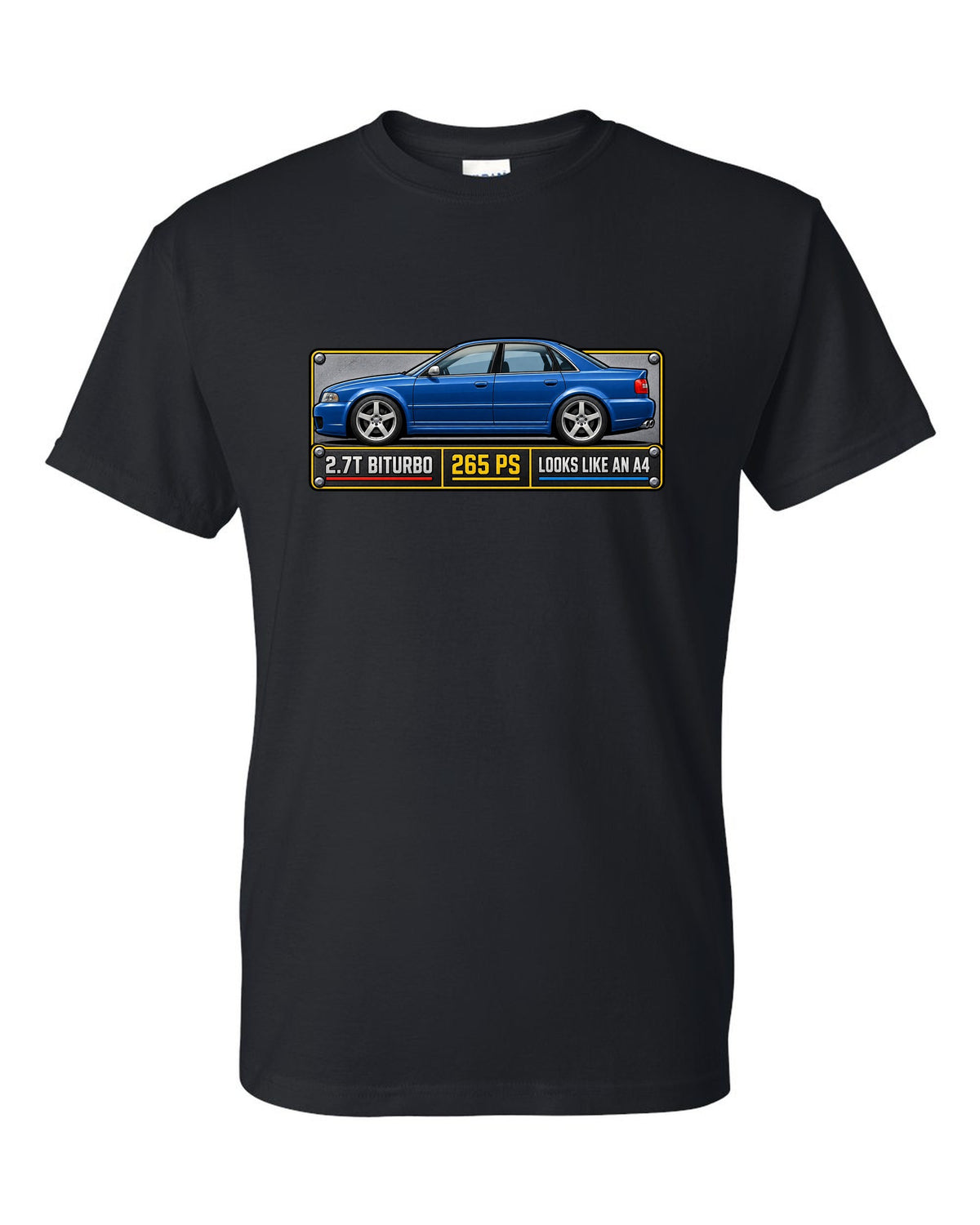 Spec plate print of an Audi S4 B5 sedan with 2.7T biturbo and 265 PS text black t-shirt front view with the design