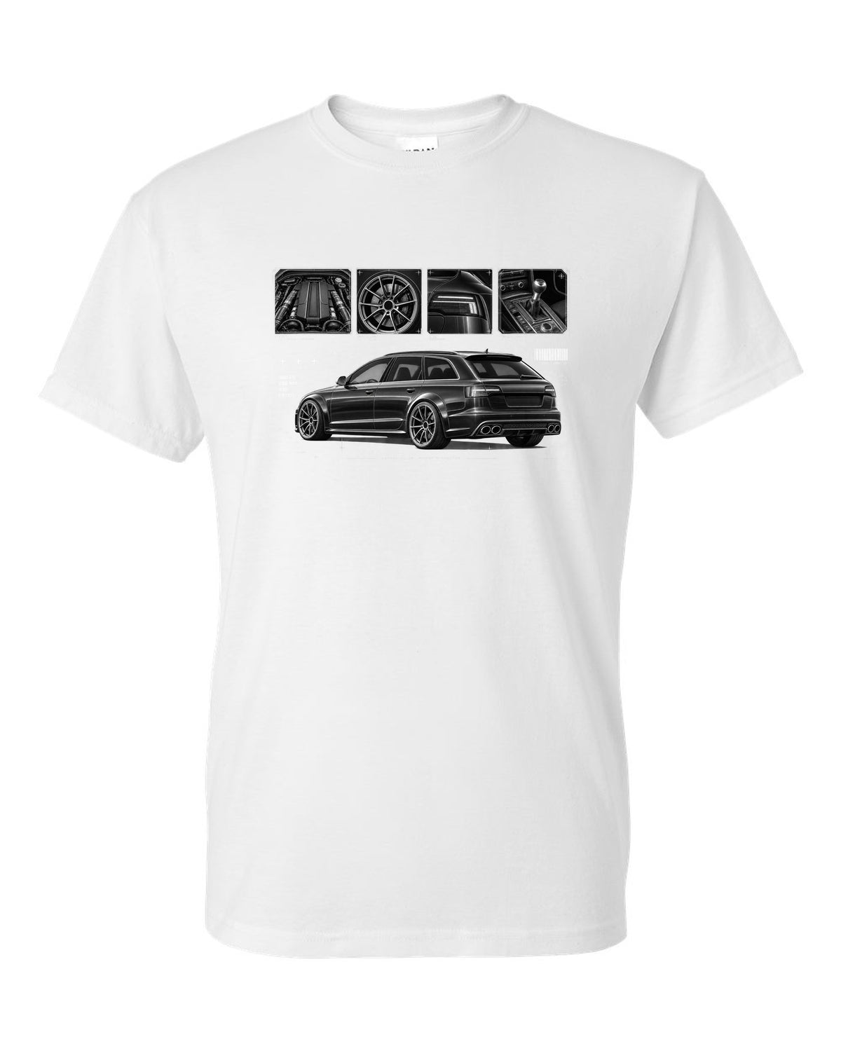 Audi RS6 Avant C6 4F Dossier Panels white t-shirt front view with the design