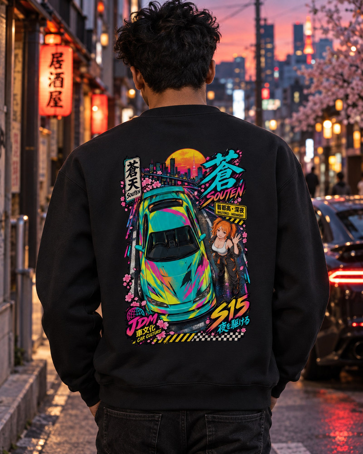 SOUTEN S15 Anime Girl Full-Back Graphic Tee Crewneck Black worn hero