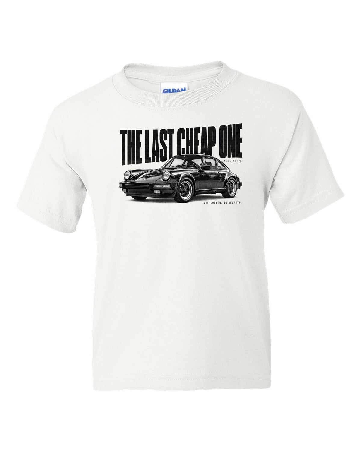 Halftone print of a Porsche 911 SC G-series with The Last Cheap One caption white kids tee front view with the design