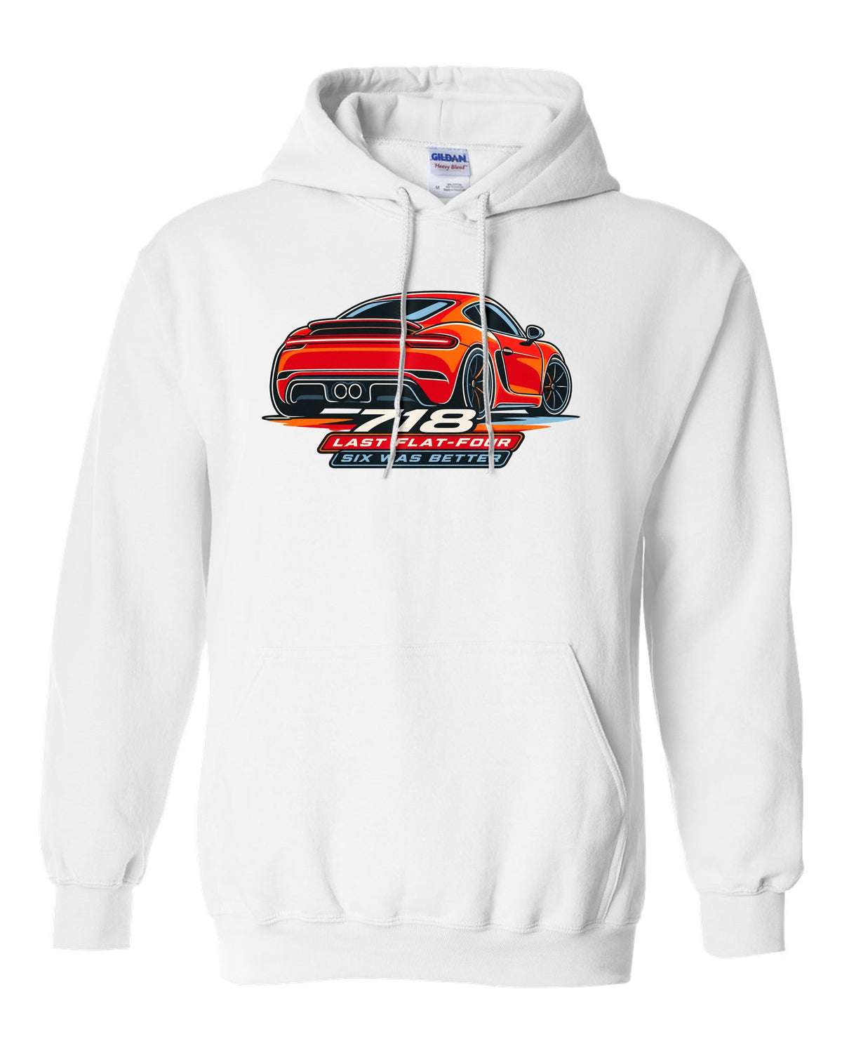 Minimalist continuous line art print of a Porsche 718 Cayman 982 taillight with the text 718, last flat-four, six was better white pull over hoodie front view with the design