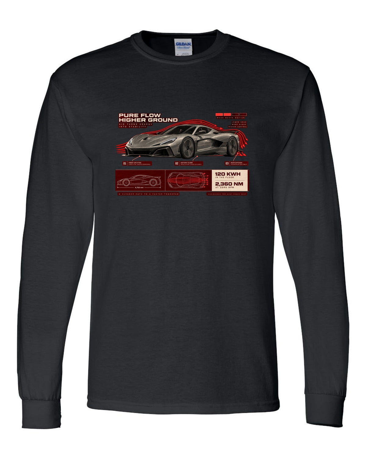 Rimac Nevera 2021 low front three-quarter aero callouts print with 120 kWh and 2,360 Nm text black long sleeve front view with the design