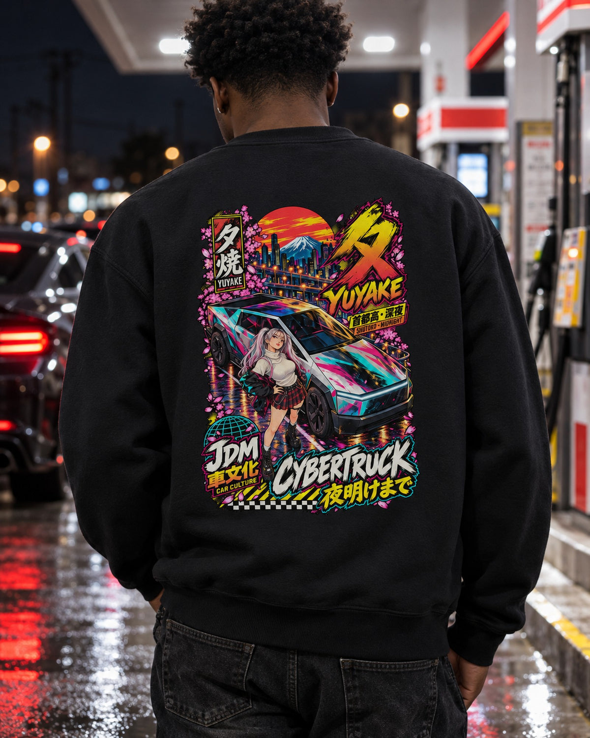 YUYAKE CYBERTRUCK Anime Girl Full-Back Graphic Tee Crewneck Black worn hero