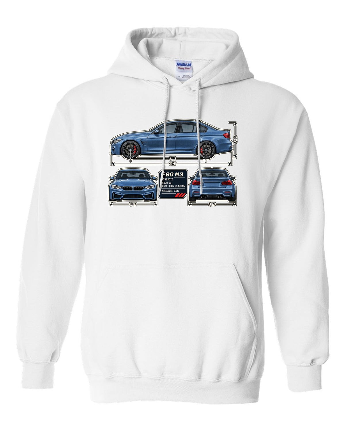BMW M3 F80 dimension blueprint print with measurements white pull over hoodie front view with the design