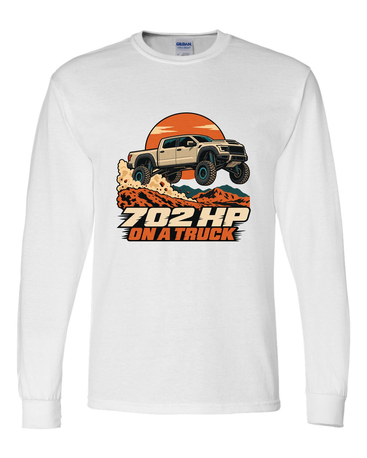 Vector poster print of a Ram 1500 TRX jumping a dune with the text 702 HP white long sleeve front view with the design