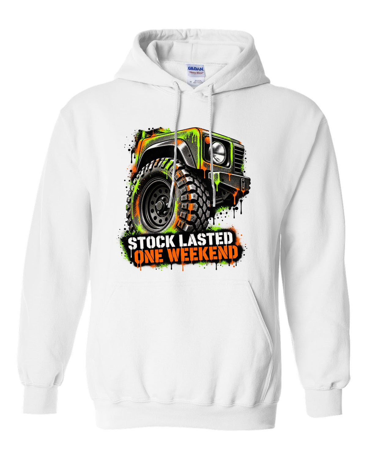 Jeep Wrangler TJ stencil spray street art design reading stock lasted one weekend white pull over hoodie front view with the design