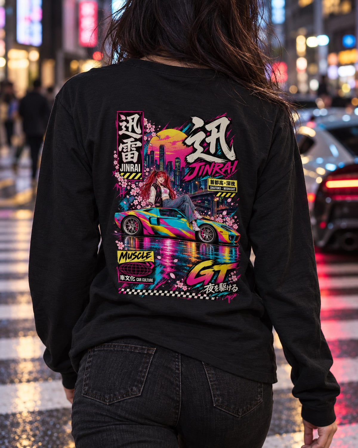 JINRAI GT Anime Girl Full-Back Graphic Tee Long Sleeve Black worn hero