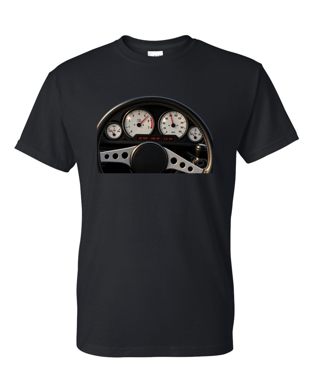 BMW E36 M3 coupe US S52 cockpit gauge print with 240 HP and 3.2 six text black t-shirt front view with the design