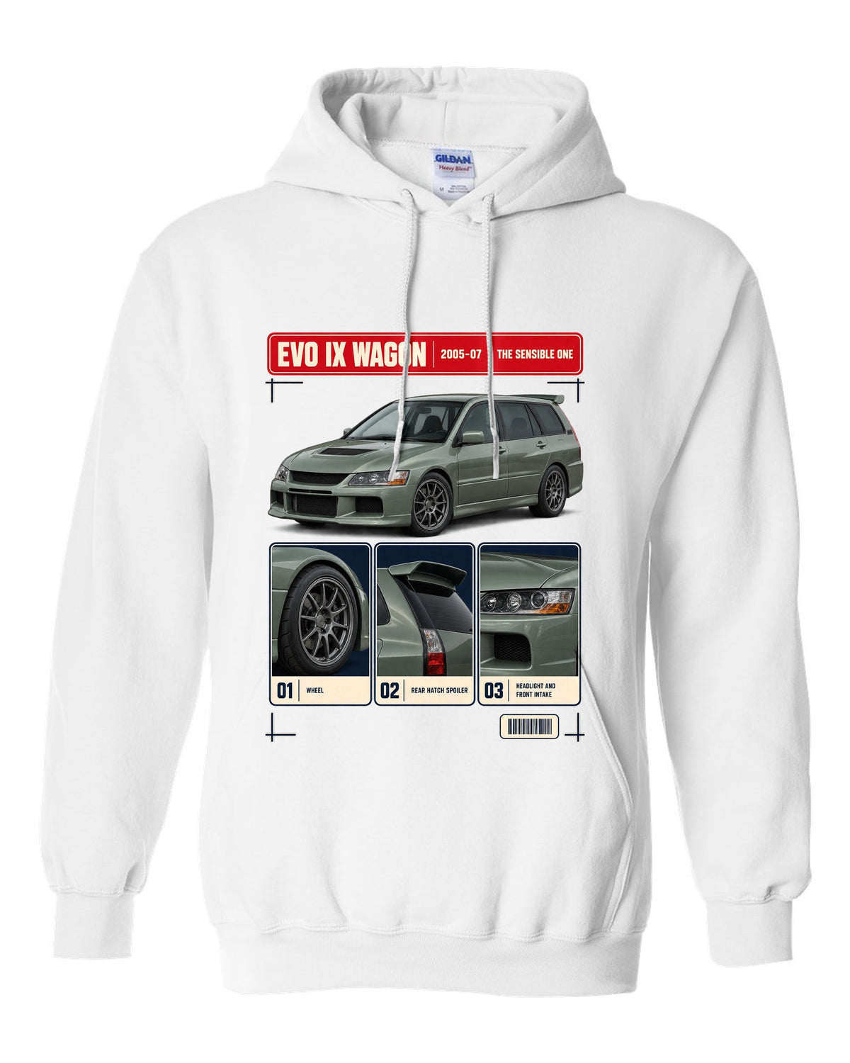 Mitsubishi Lancer Evolution IX Wagon GT three-quarter dossier panel print white pull over hoodie front view with the design