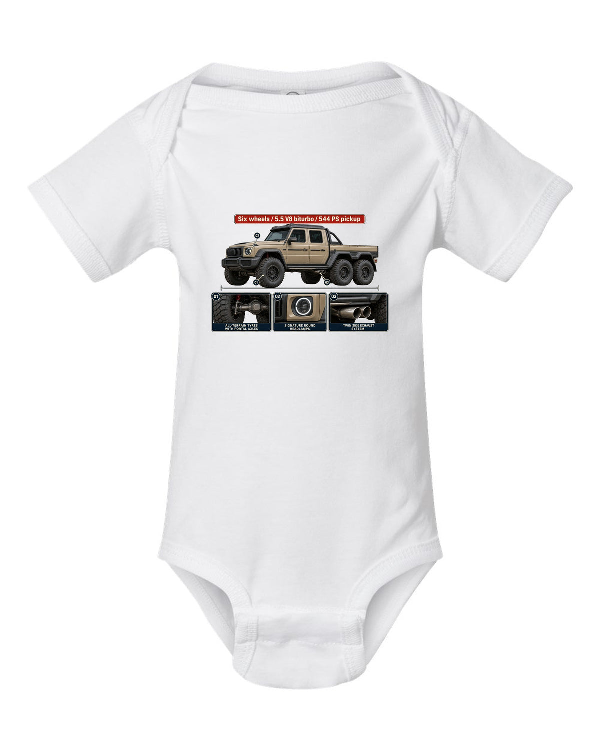 Dossier panel print of a Mercedes-Benz G63 AMG 6x6 W463 pickup white baby onesie front view with the design