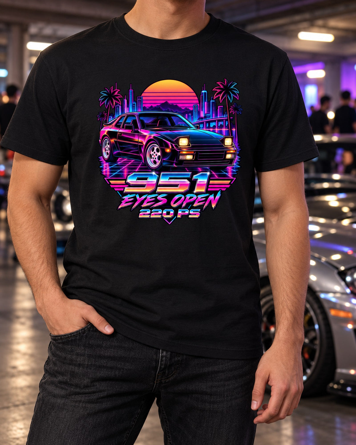 Porsche 944 Turbo 951 Pop-Up Lights Synthwave Neon Shirt T-Shirt Black worn hero