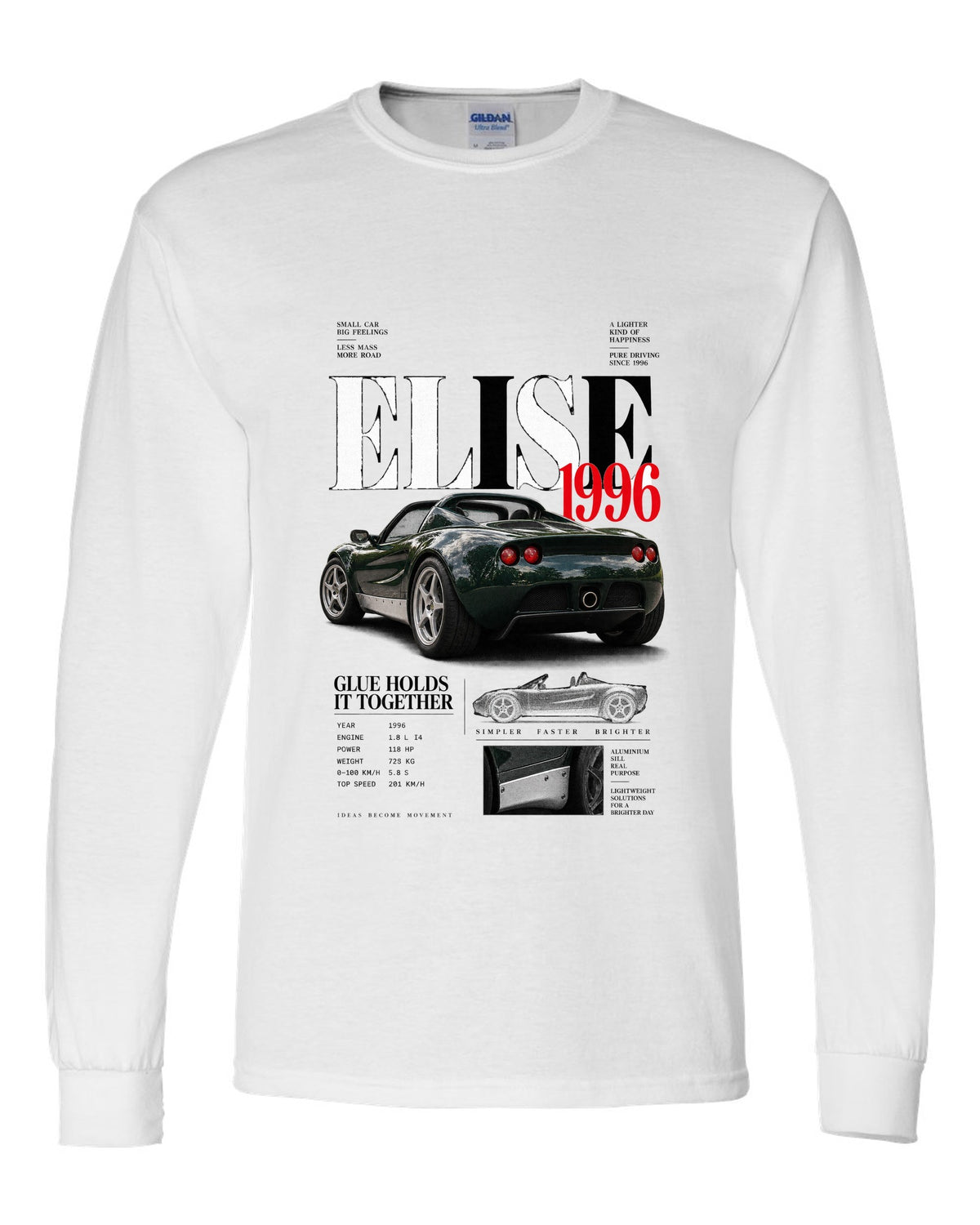 Editorial headline print for a 1996 Lotus Elise S1 with glue holds it together text white long sleeve front view with the design