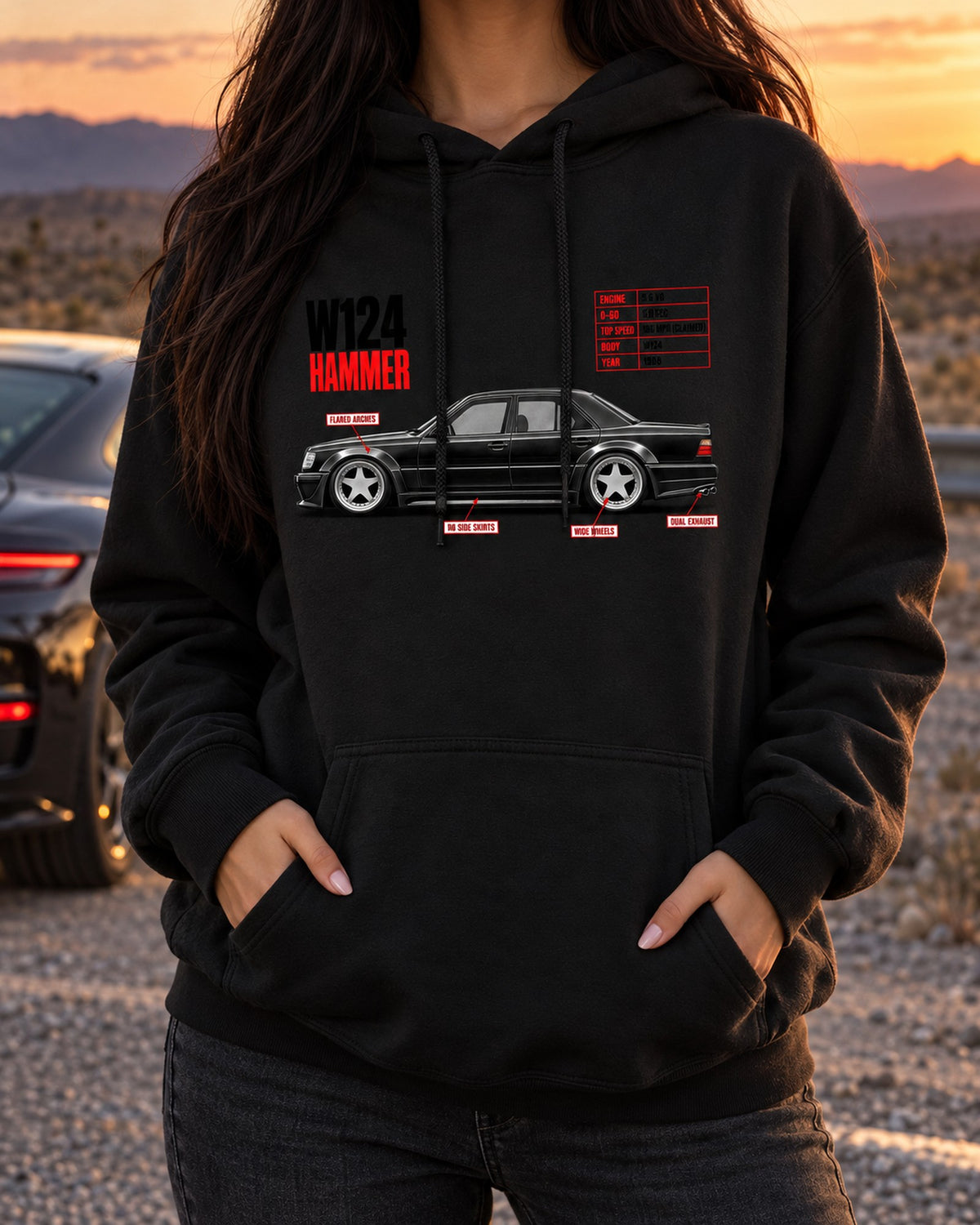 Mercedes W124 Hammer 5.6 V8 Spec Poster Shirt, 1988 Pull Over Hoodie Black worn hero