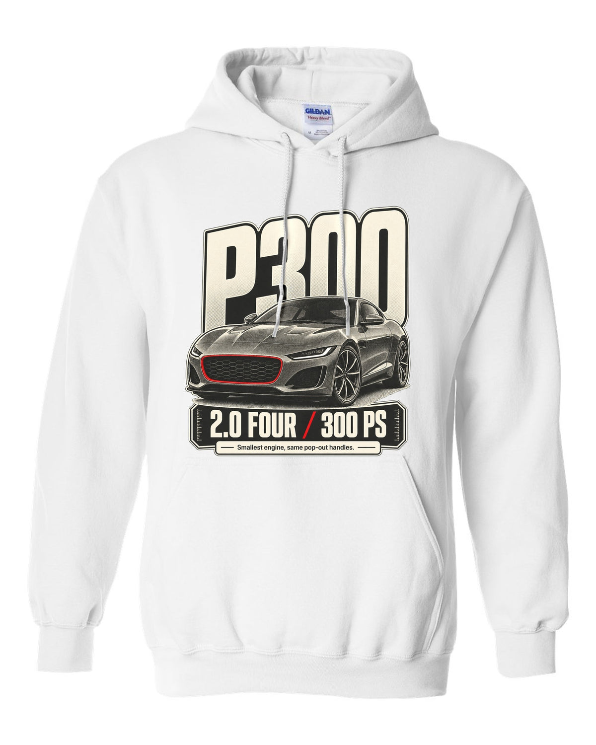 Halftone statement print for the Jaguar F-Type P300 2.0 four-cylinder with 300 PS text white pull over hoodie front view with the design