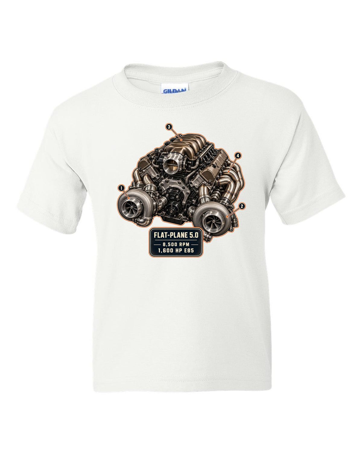 Engine hero illustration of the Koenigsegg Jesko 5.0 litre twin-turbo flat-plane V8, print white kids tee front view with the design
