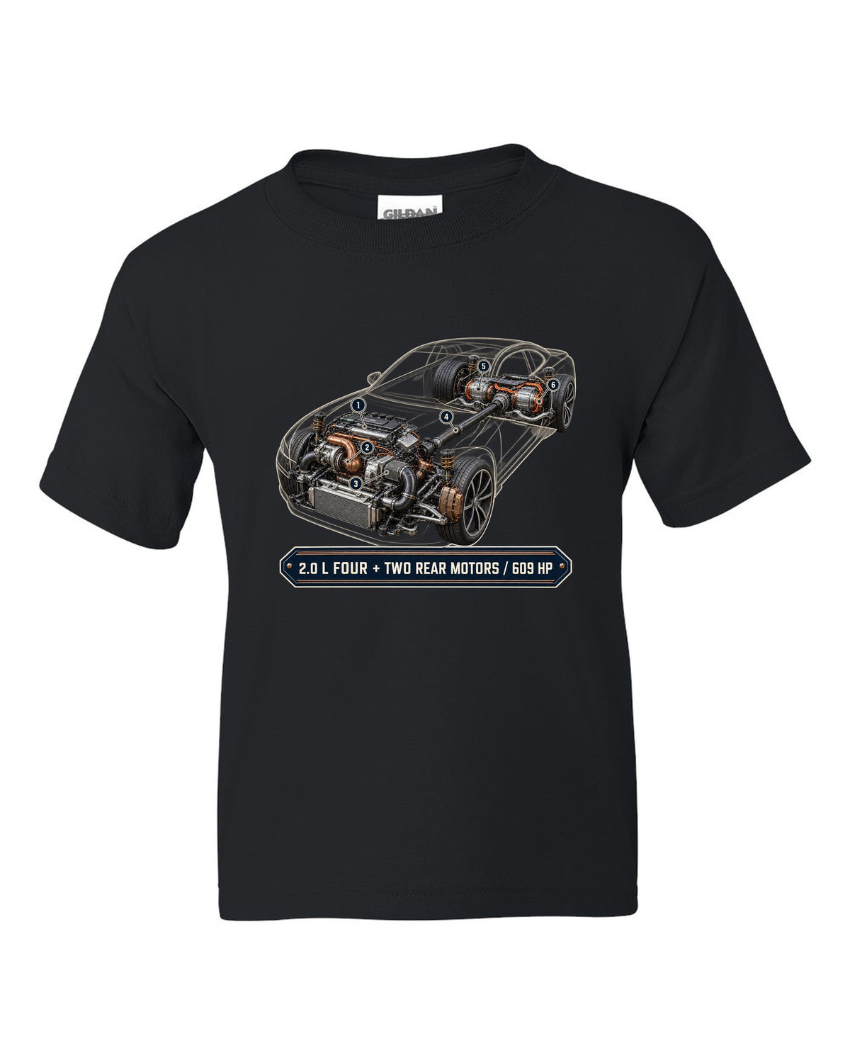 Polestar 1 hybrid drivetrain illustration, engine hero print black kids tee front view with the design