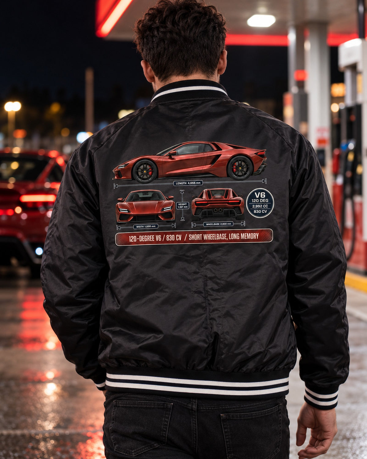 Ferrari 296 GTB Three-View Spec Table Tee, V6 Car Guy Shirt Bomber Jacket Black worn hero
