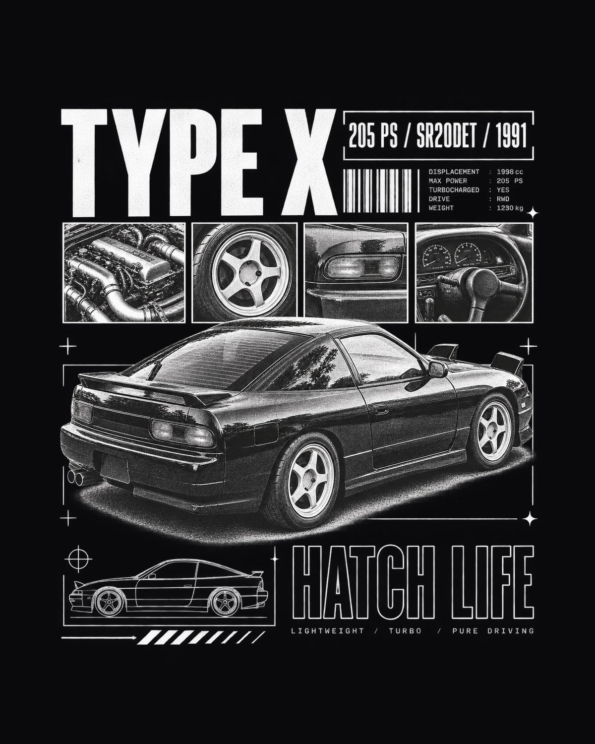 Nissan 180SX Type X SR20DET Dossier Tee, Hatch Life design only