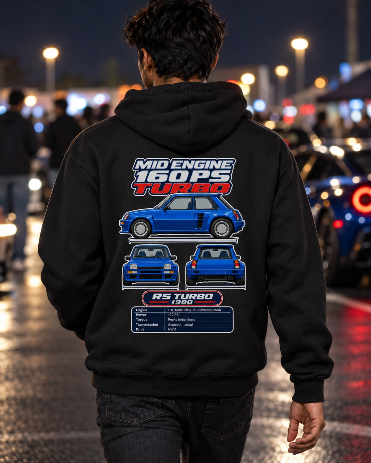 Renault 5 Turbo Spec Sheet Full-Back Graphic Tee Pull Over Hoodie Black worn hero
