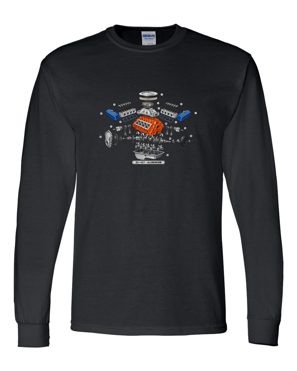 Isometric exploded diagram with numbered callouts of the 1969 Chevrolet Camaro ZL1 427 aluminum engine black long sleeve front view with the design
