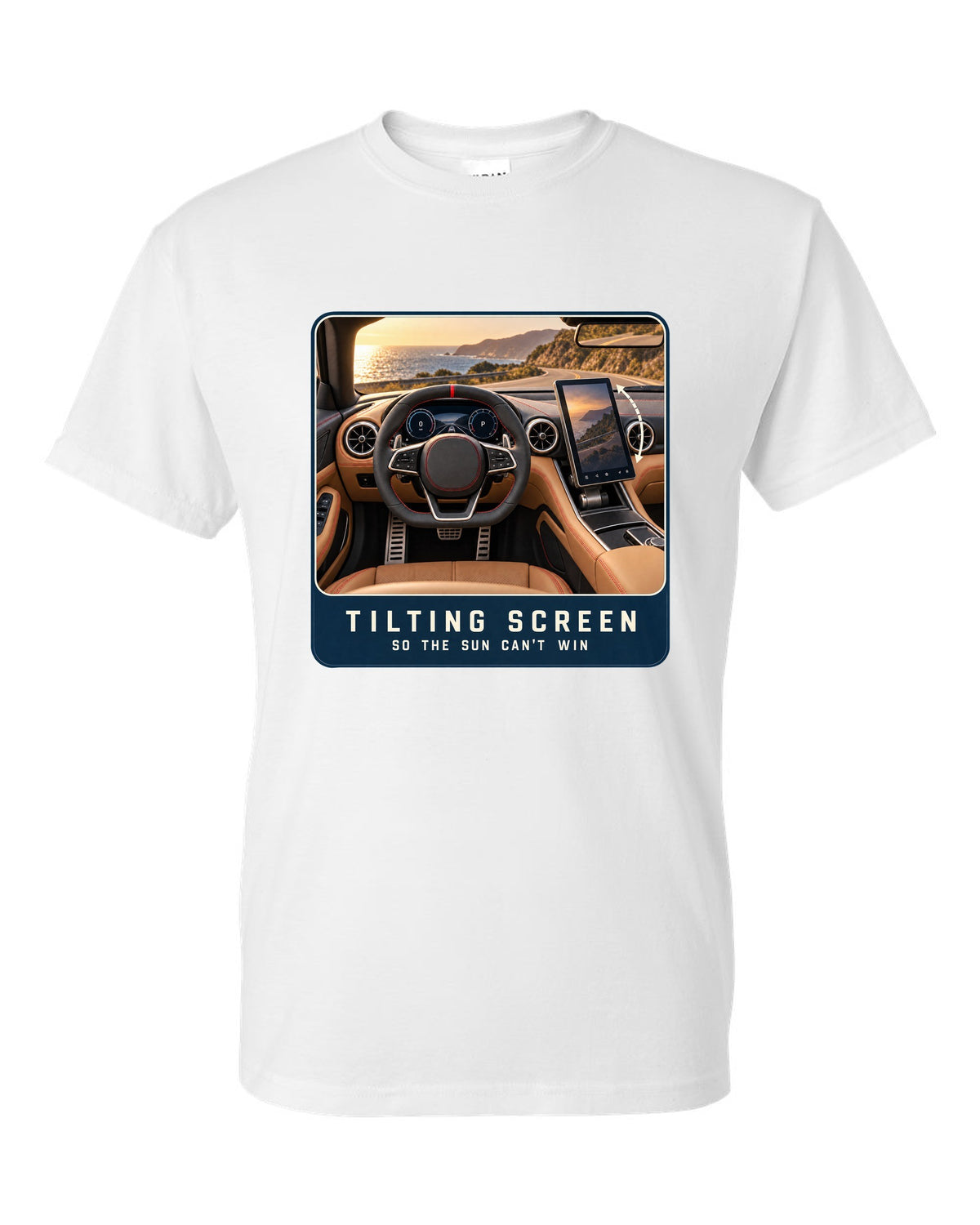 Mercedes-AMG SL63 R232 cockpit driver view with tilting central screen print white t-shirt front view with the design