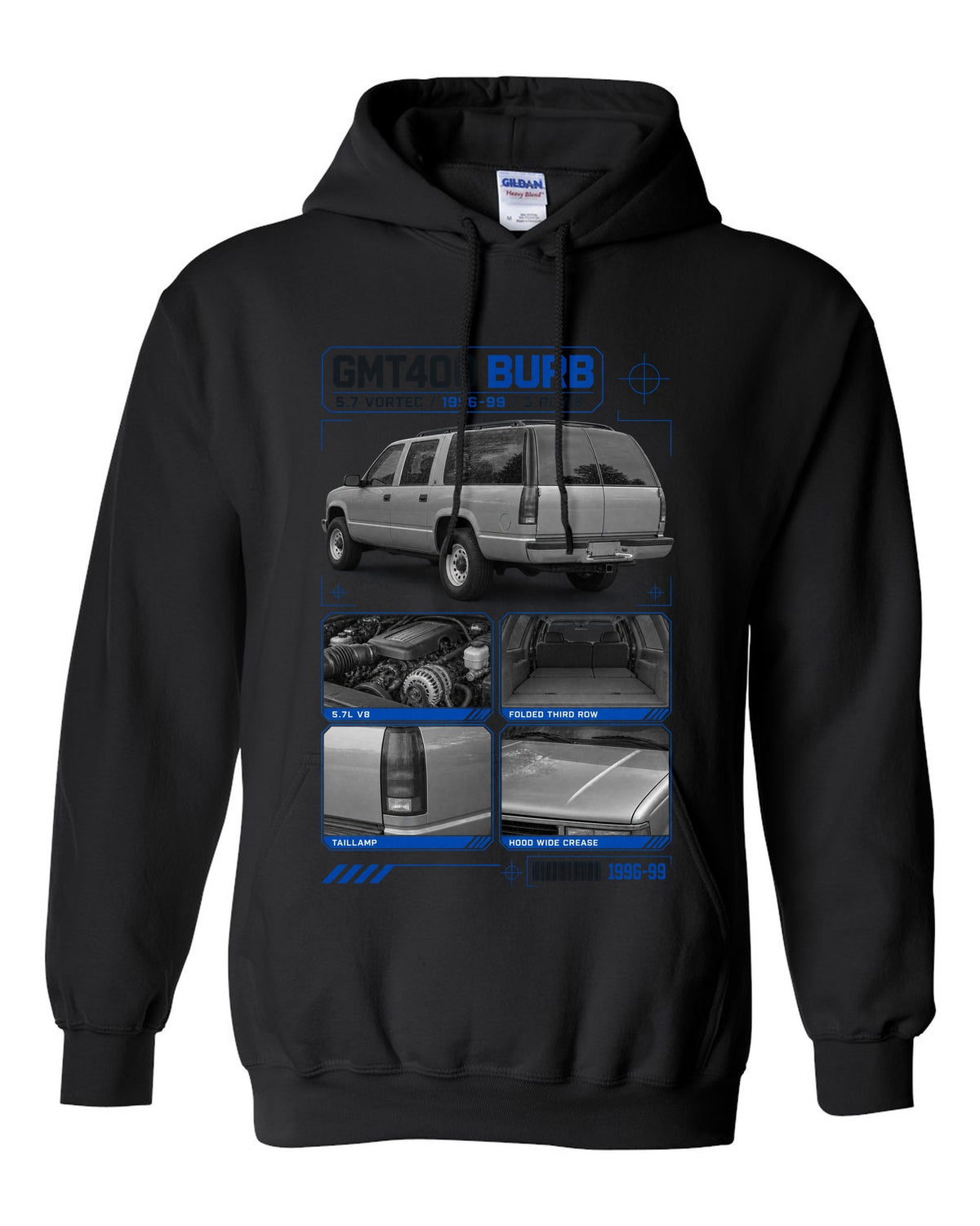 Dossier print of a 1992-99 Chevrolet GMT400 Suburban in a rear three-quarter view black pull over hoodie front view with the design
