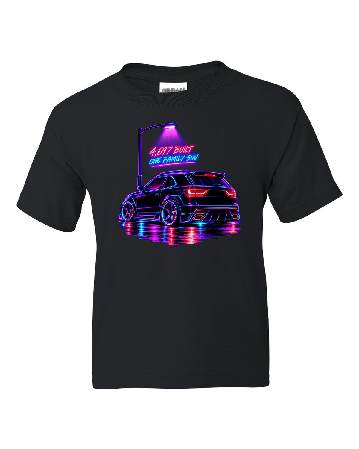 Neon synthwave line art print of a 1992-93 GMC Typhoon taillight with 4,697 built lettering black kids tee front view with the design