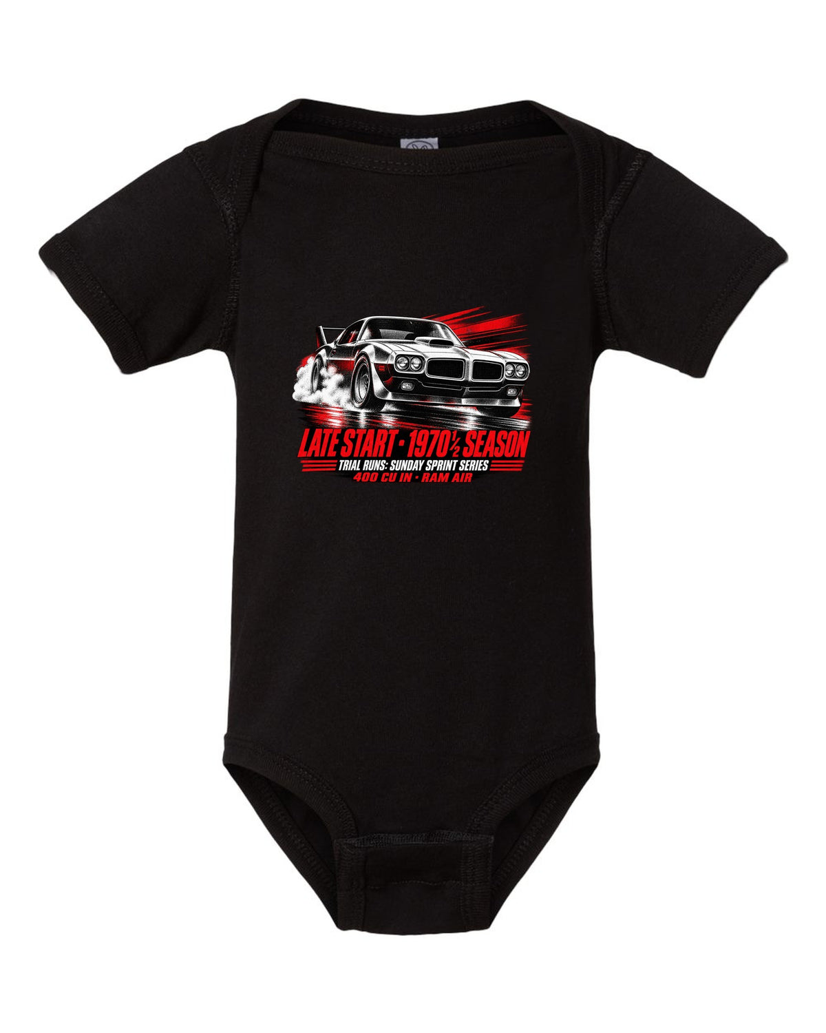 1970 1/2 Pontiac Firebird Trans Am race poster print with Ram Air text black baby onesie front view with the design