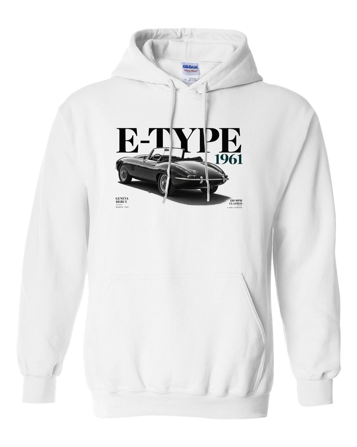 Jaguar E-Type roadster 1961 Geneva debut editorial poster white pull over hoodie front view with the design