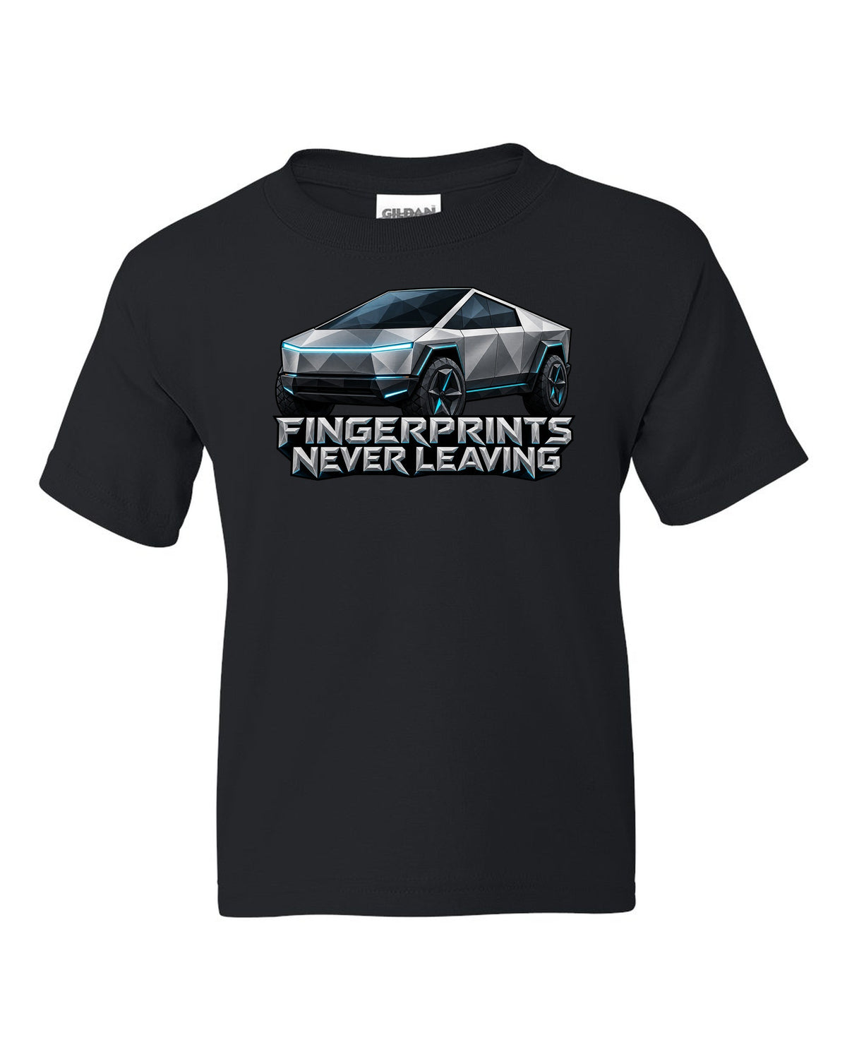 Low-poly wireframe facets of a 2023 Tesla Cybertruck with the words Fingerprints Never Leaving black kids tee front view with the design