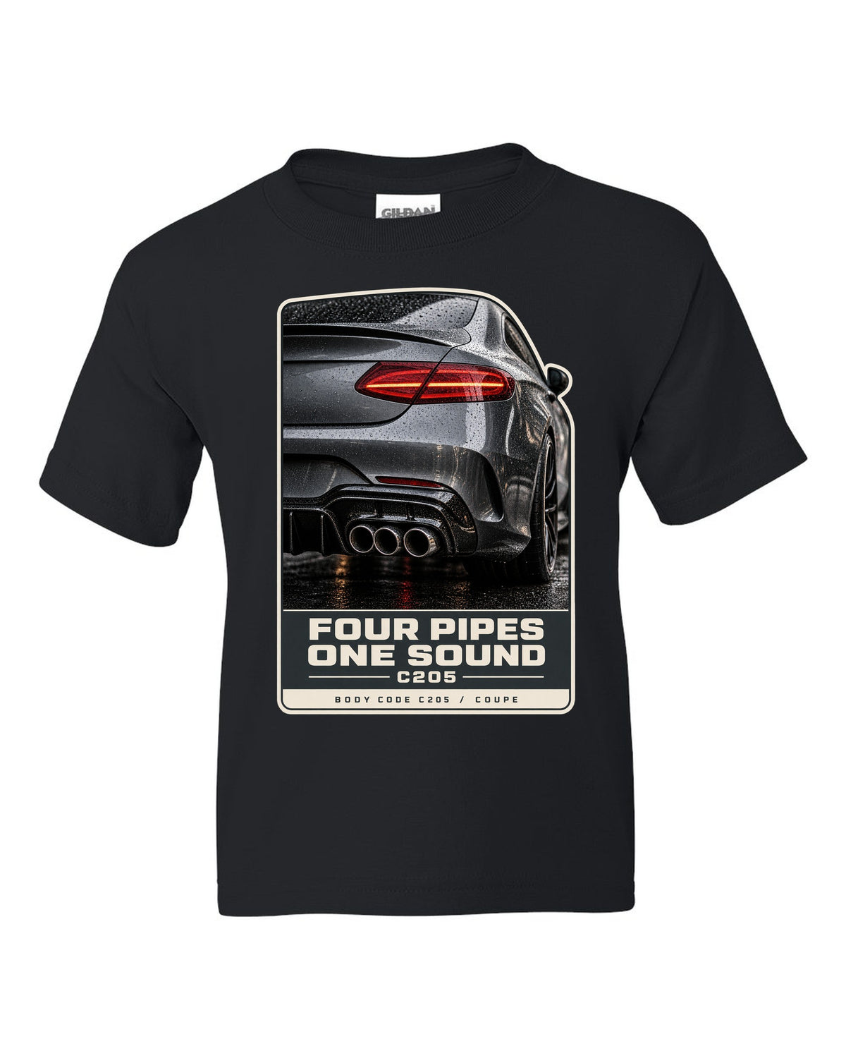 Mercedes-AMG C63 Coupe C205 rear taillight and four-pipe exhaust macro black kids tee front view with the design