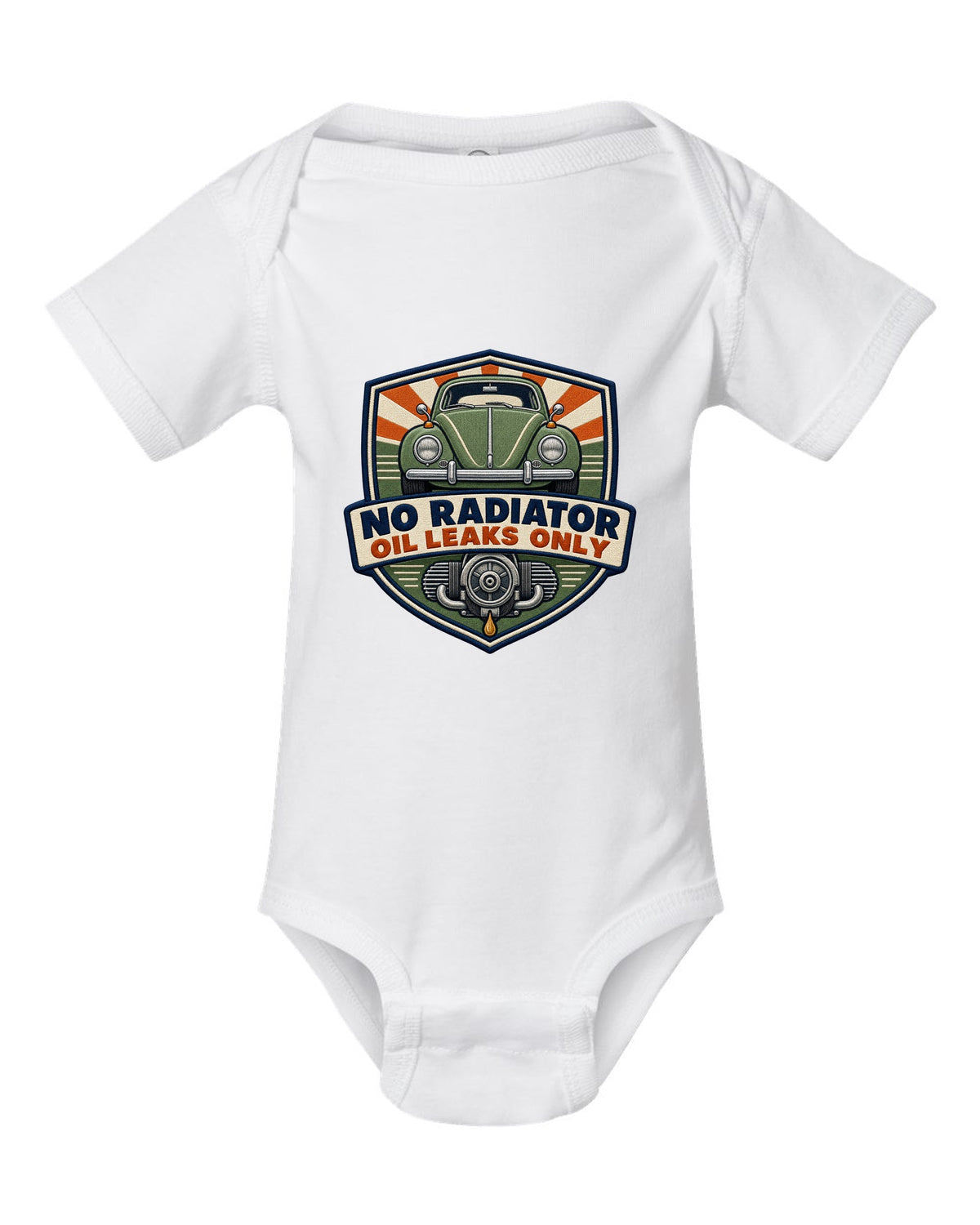 Shield crest for the VW Beetle Type 1 1303 reading no radiator, oil leaks only white baby onesie front view with the design