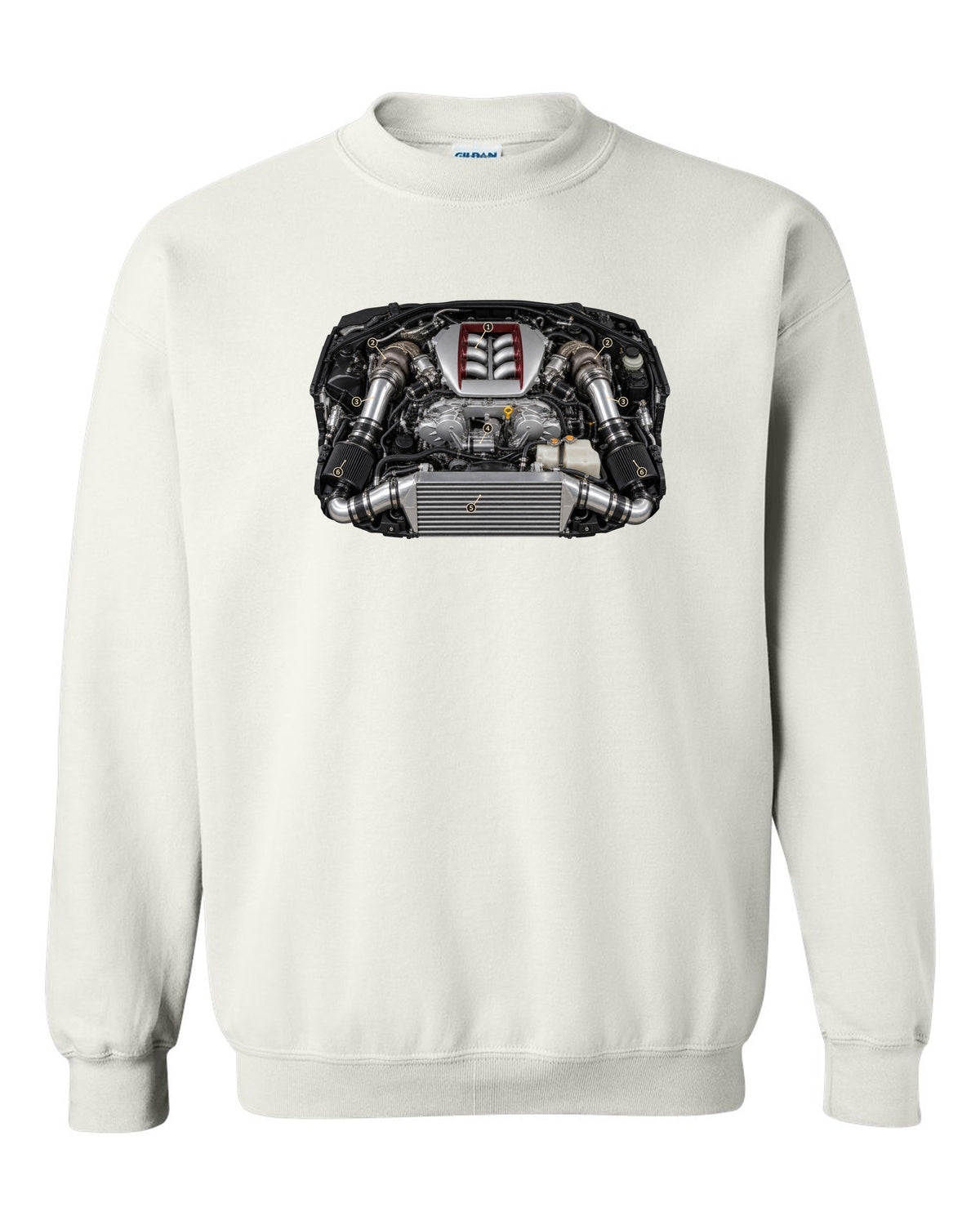 Nissan GT-R R35 early VR38DETT engine poster-style drawing white crewneck front view with the design