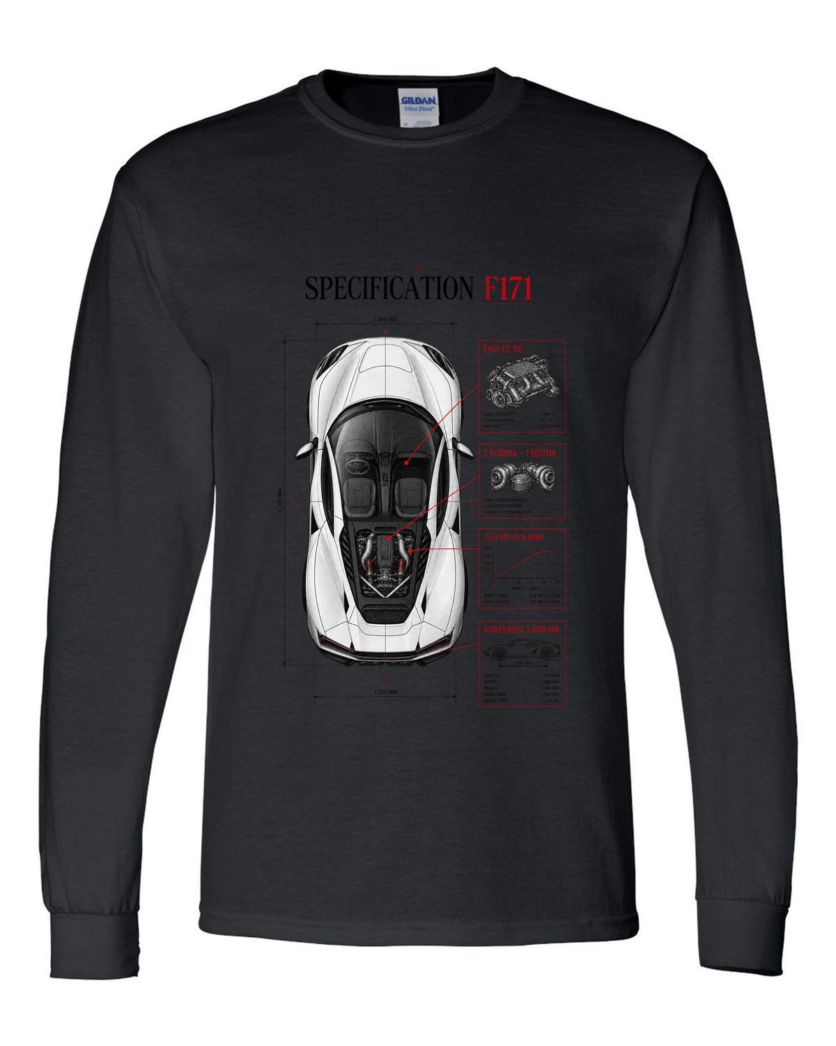 Top-down spec poster print of a Ferrari 296 GTB F171 with wheelbase and F163 CE V6 details black long sleeve front view with the design