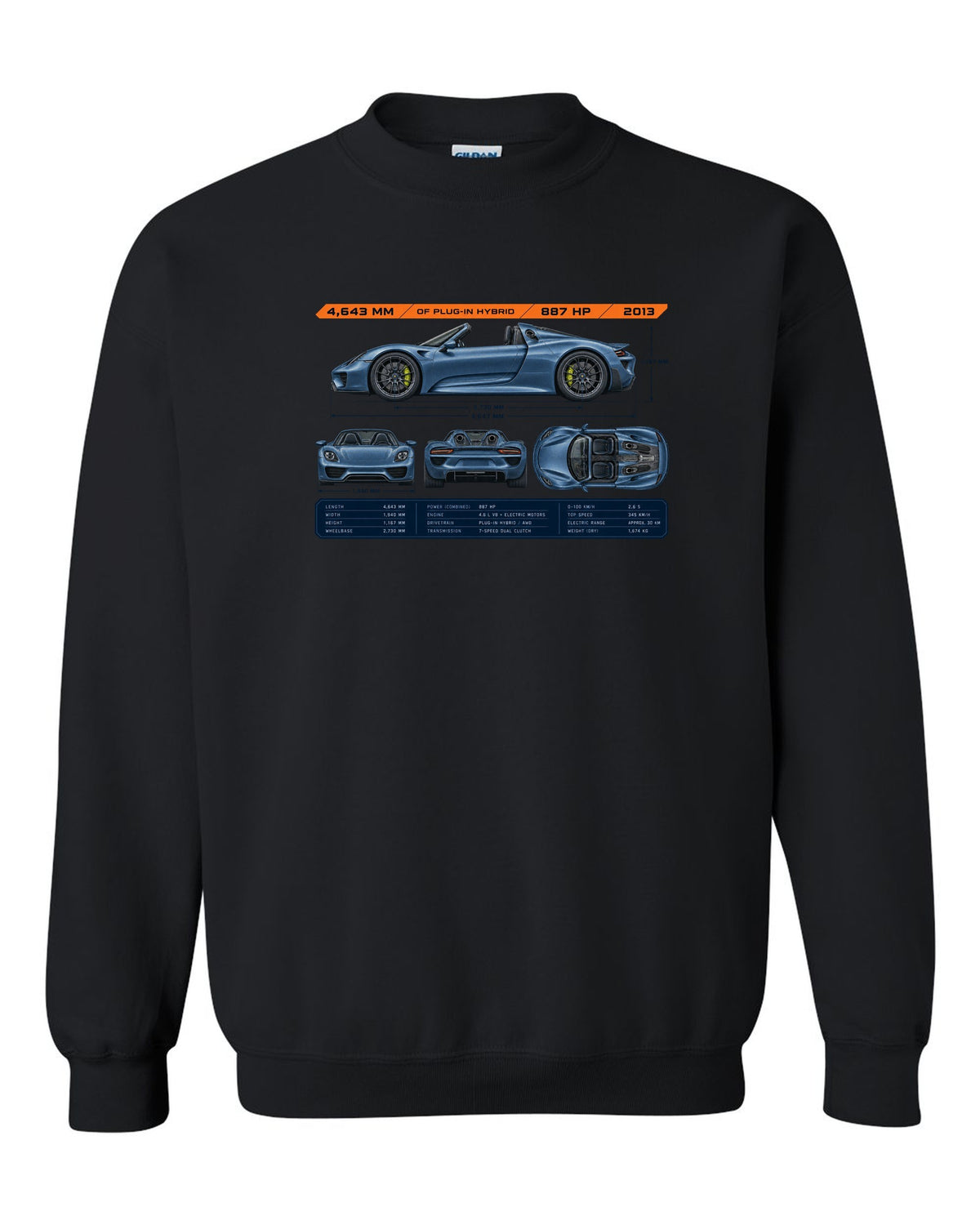 Porsche 918 Spyder dimension blueprint print design black crewneck front view with the design