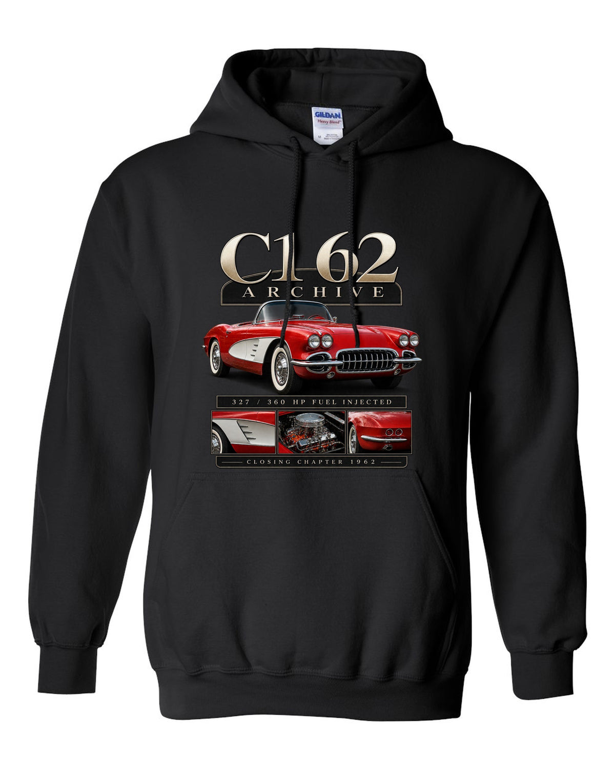 Corvette C1 1962 solid-axle roadster archive panel black pull over hoodie front view with the design