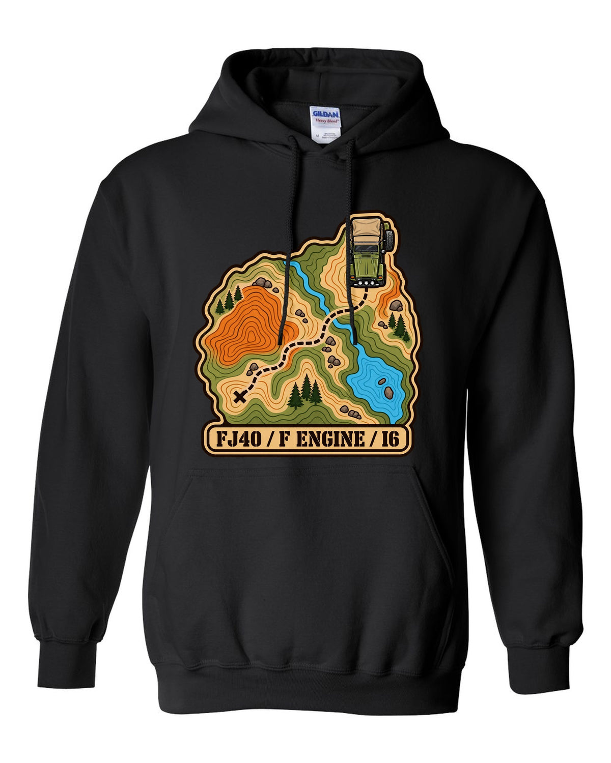 Topographic route map illustration of a Toyota Land Cruiser FJ40 with F engine I6 lettering black pull over hoodie front view with the design