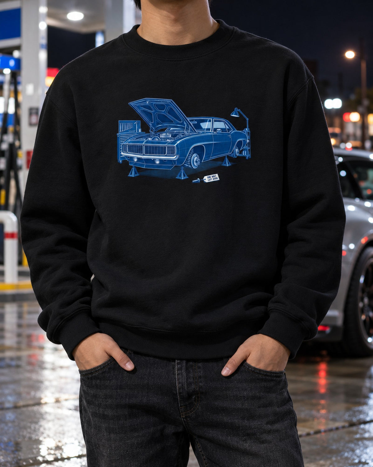 1969 Camaro Cyanotype Shirt, One Bolt Left Over Garage Tee Crewneck Black worn hero