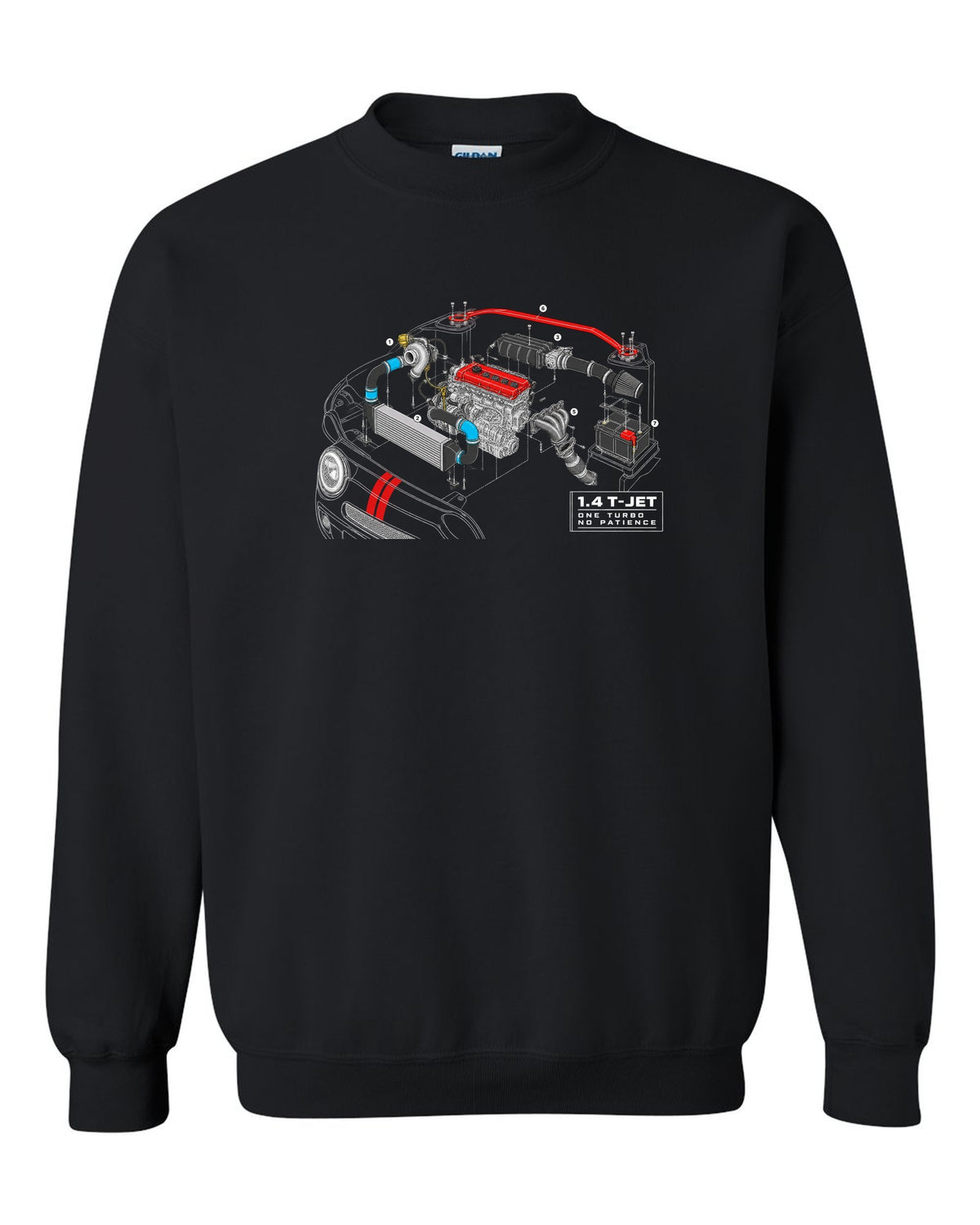 Exploded cutaway engine blueprint of the Abarth 695 1.4 T-Jet black crewneck front view with the design