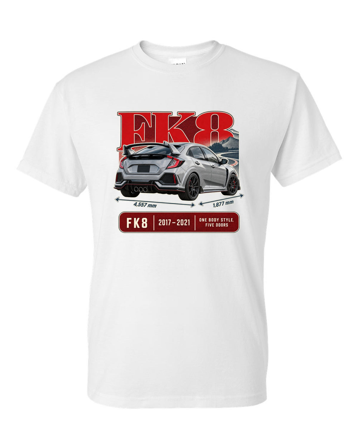 print archive panel of a silver-grey Honda Civic Type R FK8 white t-shirt front view with the design
