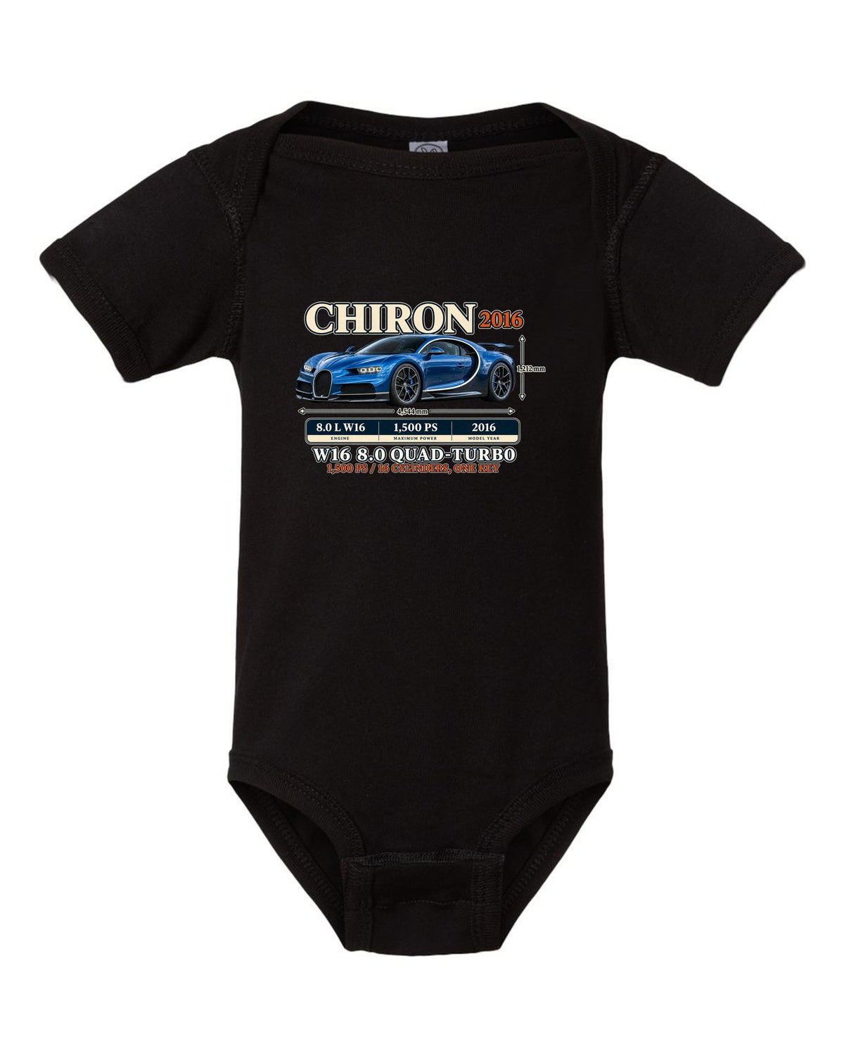 Archive panel print of a steel blue Bugatti Chiron with W16 spec text black baby onesie front view with the design