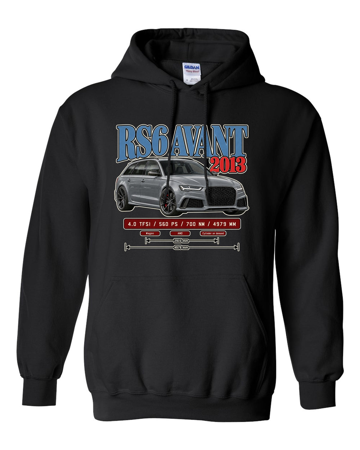 Audi RS6 Avant C7 2013 archive panel print black pull over hoodie front view with the design
