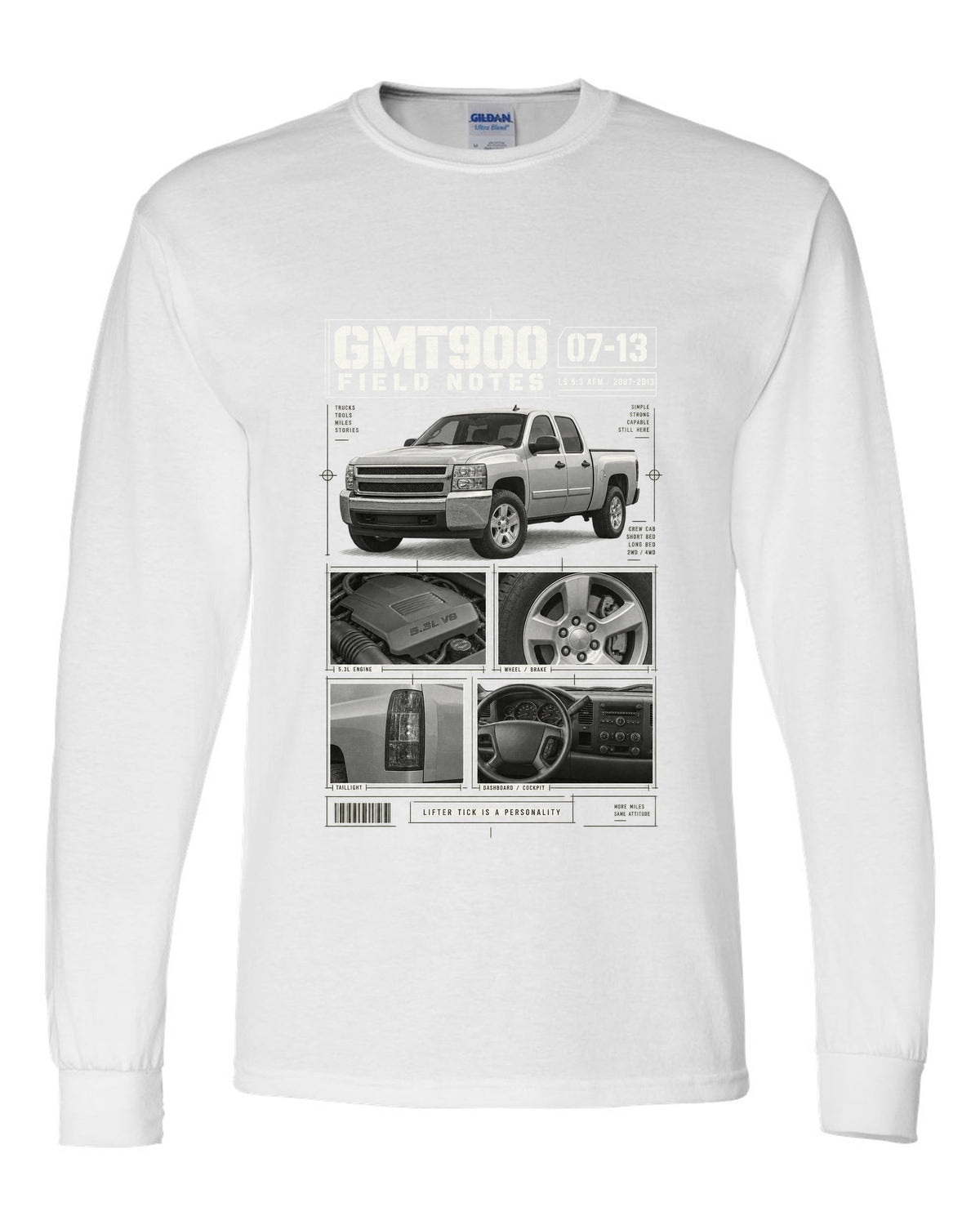 GMT900 Chevy Silverado crew cab field notes dossier print white long sleeve front view with the design