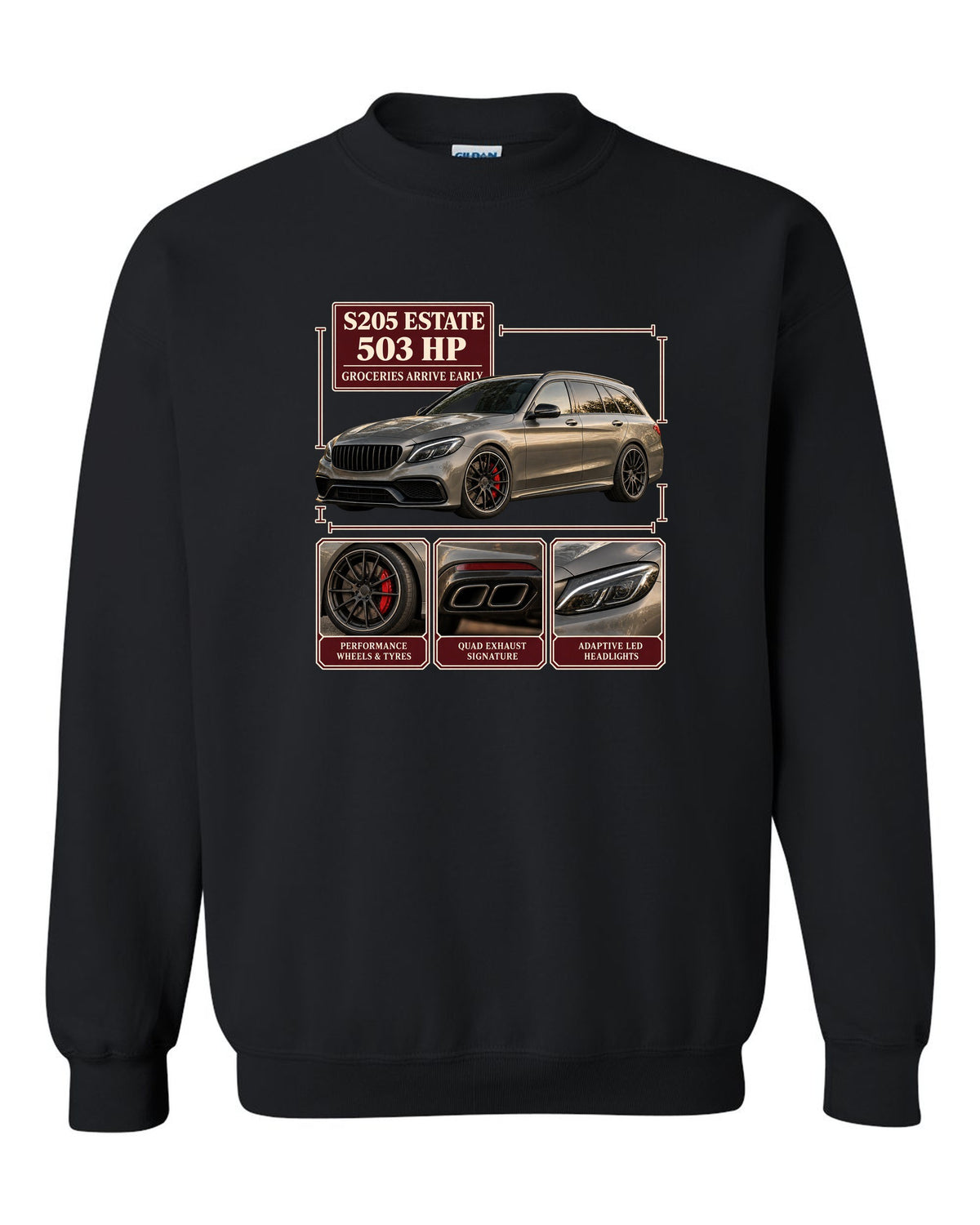 Mercedes-AMG C63 S Estate S205 dossier panel design in warm grey black crewneck front view with the design