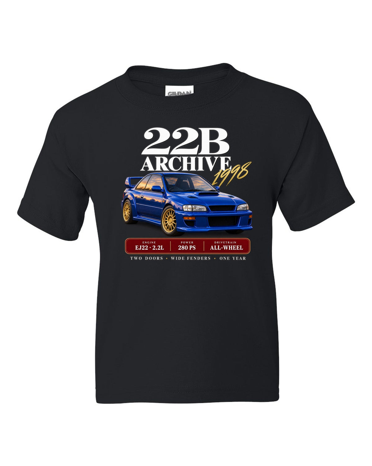 Subaru Impreza 22B STI 1998 archive panel with EJ22 2.2L 280 PS specs black kids tee front view with the design