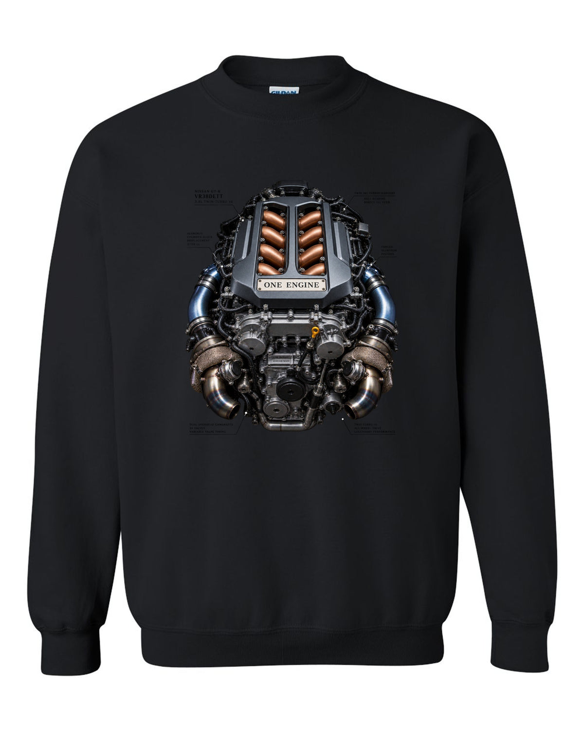 Nissan GT-R VR38DETT twin-turbo V6 engine bay illustration, print design black crewneck front view with the design