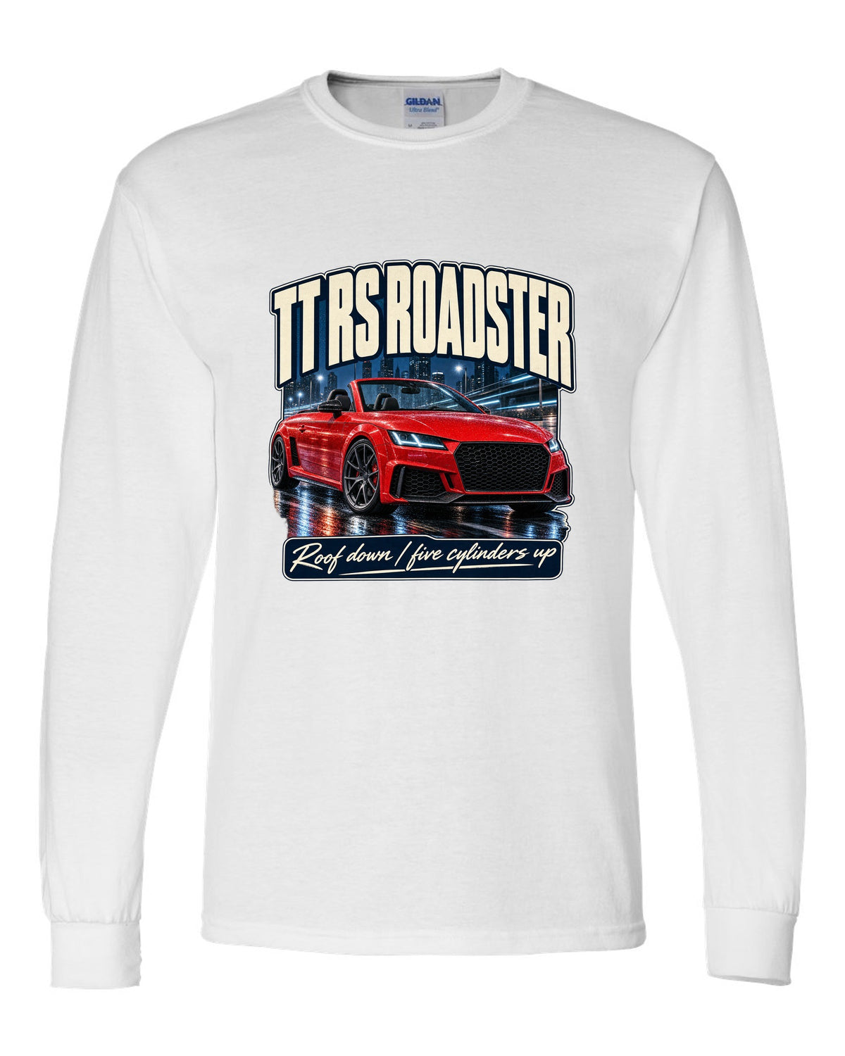 Audi TT RS Roadster 8S street poster print, roof down white long sleeve front view with the design
