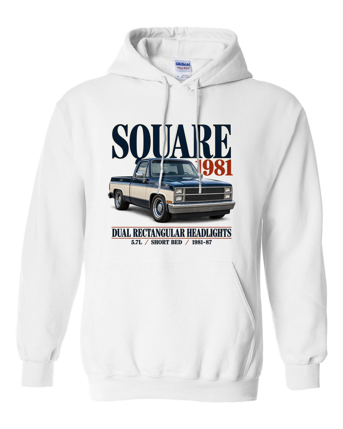 Editorial print of a 1981-87 Chevrolet C10 Squarebody in Silverado trim white pull over hoodie front view with the design