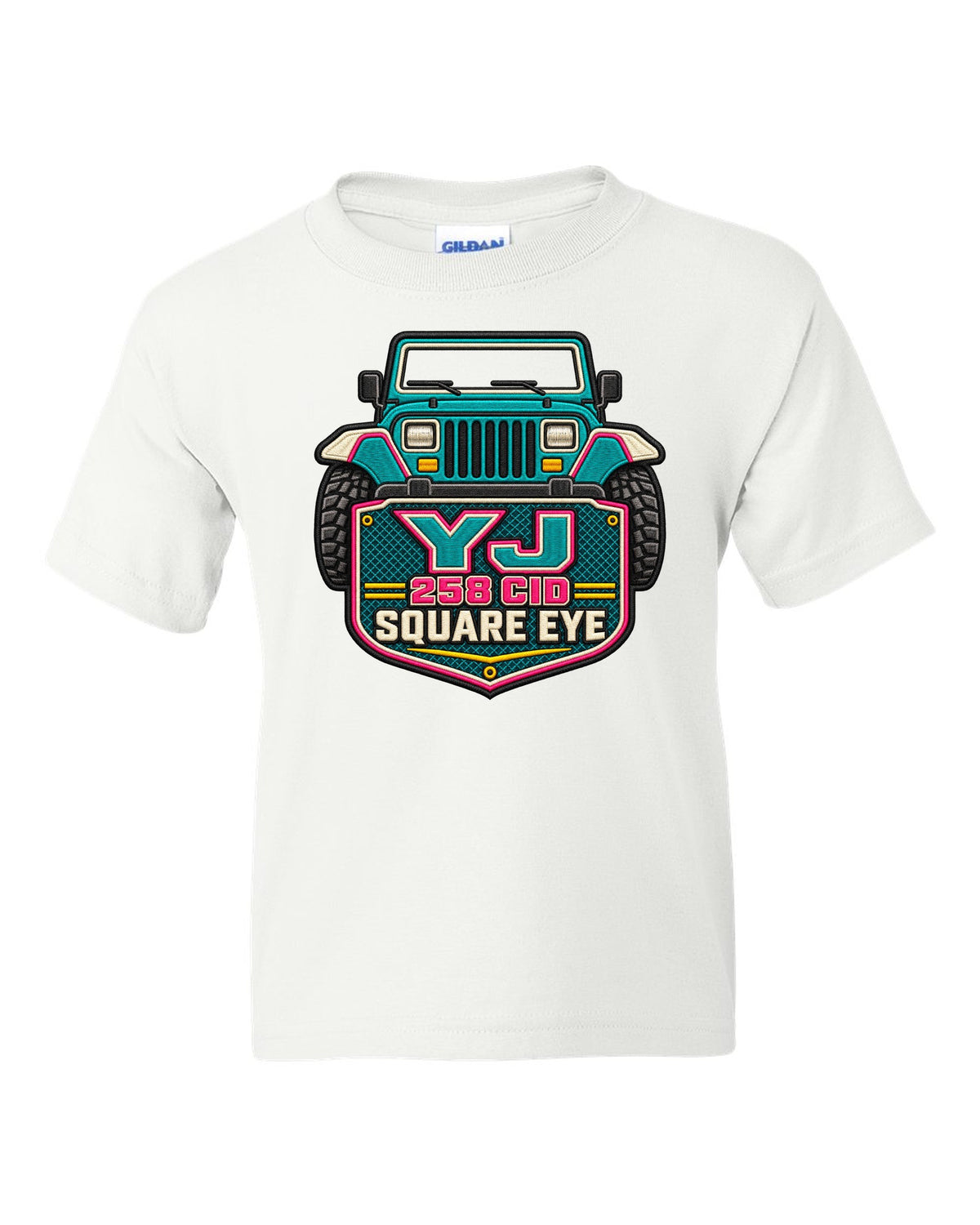 Embroidery-style varsity crest print of a Jeep Wrangler YJ with square eye text white kids tee front view with the design